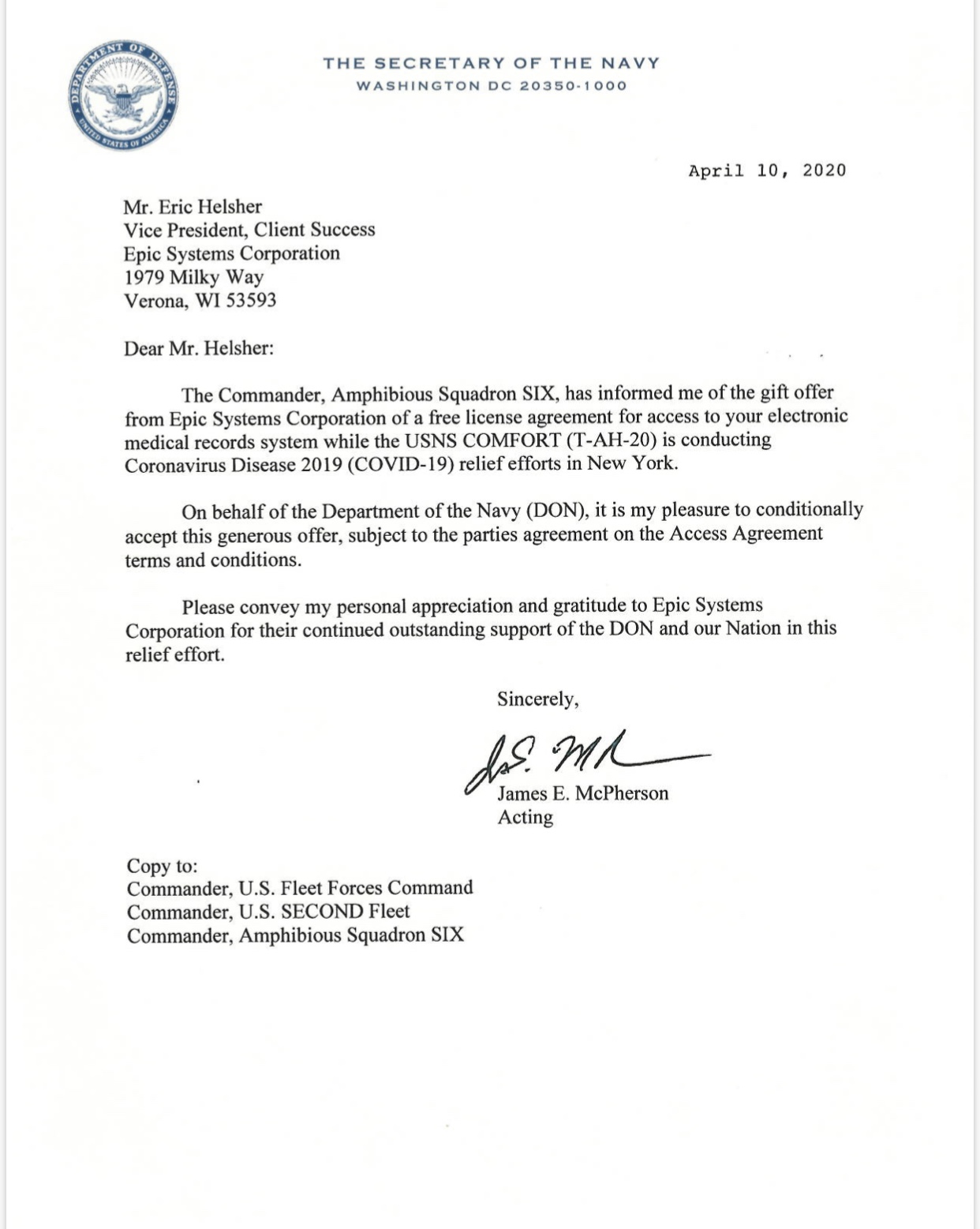 Thank you letter from the Secretary of the Navy - 4.10.20